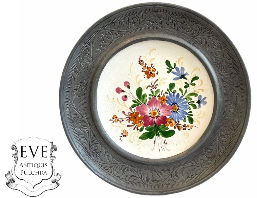 Vintage French Heavy Plate With Pewter Surround Hand Painted Flowers charger platter serving display wall hanging c1960’s