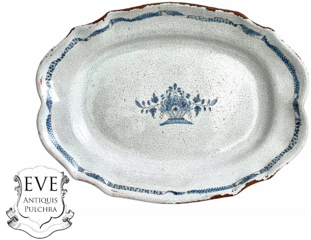 Antique French Large Blue White Flower Decorated Dinner Plate Platter Serving Display Crackle Pottery circa 1880-1900’s