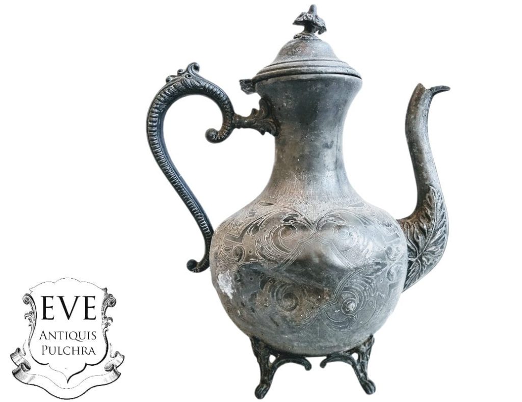 Antique French Pewter Tea Coffee Pot Traditional Serving Jug Pitcher Display France Bashed Bruised Dented c1850’s