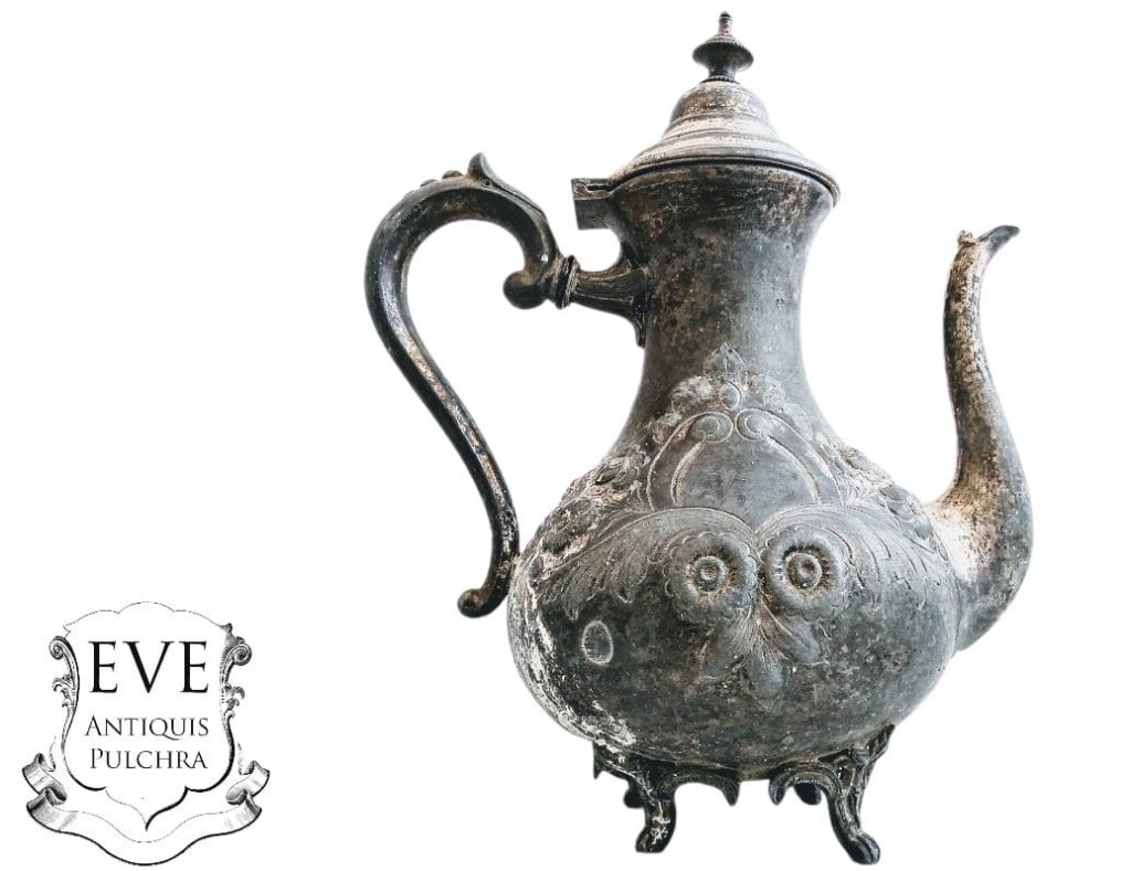 Antique French Pewter Tea Coffee Pot Traditional Serving Jug Pitcher Display France Bashed Bruised Dented c1850’s