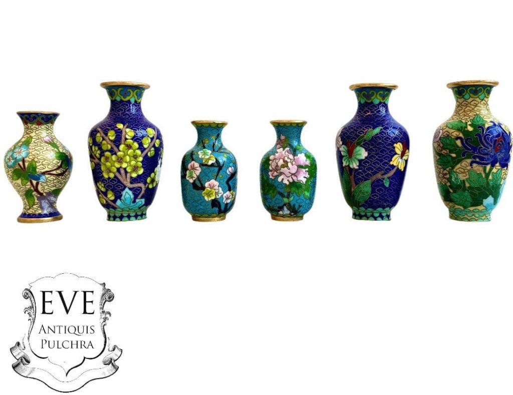 Vintage Chinese Small Enamel Small Vase Pot Urn Collection Gold Blue Green Flowers Decor Design Ornament Display c1980-90’s