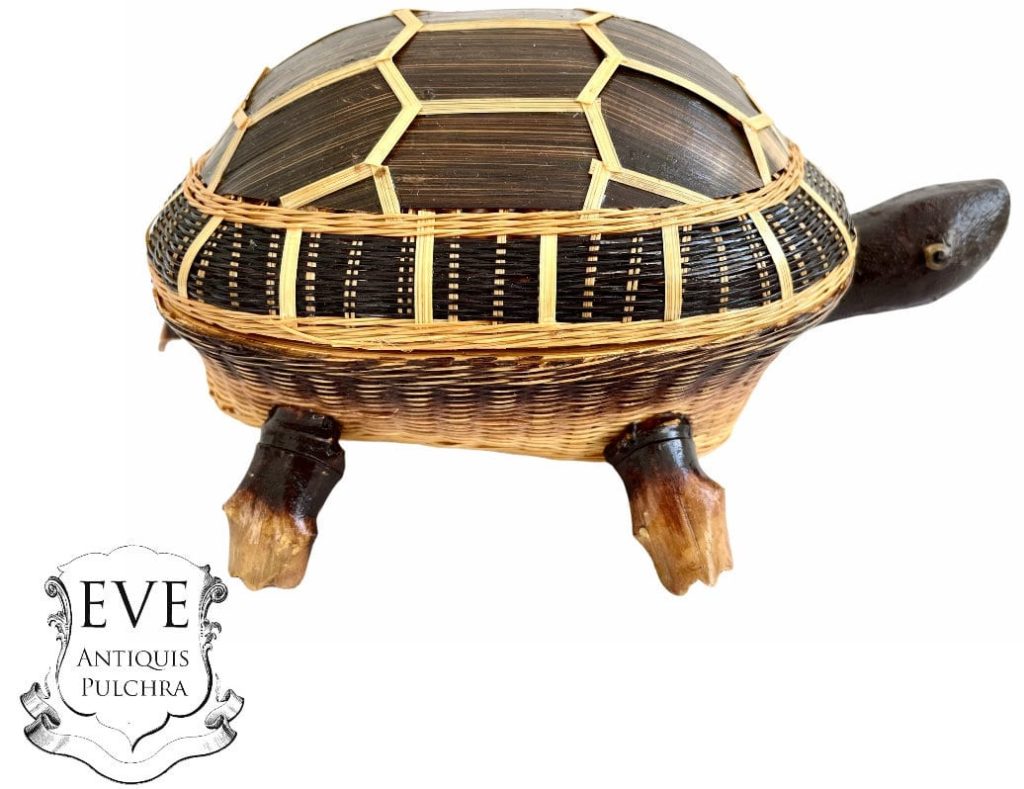Vintage Chinese Tortoise With Lid Wicker Basket Shanghai Collection Traditional Craftsman Wickerwork Woven c1970’s