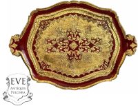 Vintage Italian Florentine Florence Red Gold Wood Ornately Decorated Medium Serving Lap Tray Handled Decoration c1970-80's