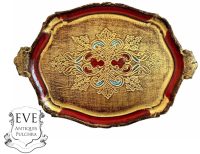 Vintage Italian Florentine Florence Red Gold Wood Ornately Decorated Medium Serving Lap Tray Handled Decoration c1970-80's