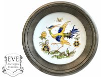 Vintage French Small Limoges Dish Plate With Pewter Surround Hand Painted Flowers bowl serving display wall hanging c1960's