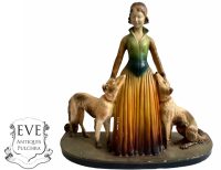 Antique French Heavy Plaster Lady With Hat Bonnet With Dogs Art Deco Ornament Standing Decor Object Trouver c1920's