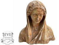 Antique French Heavy Plaster Lady With Shroud Sad Mourning Ornament Standing Decor Object Trouver Tarnish Patina c1920's