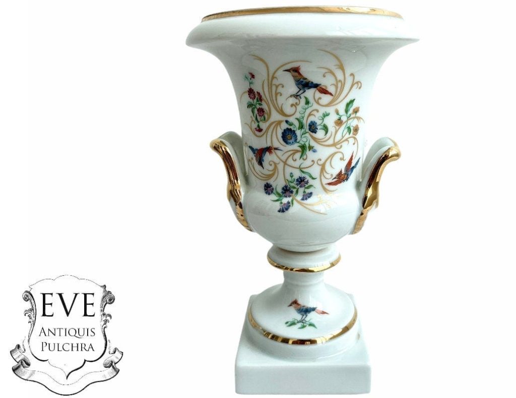 Vintage French Limoges Porcelain White Gold Vase Trophy Cup Urn Pot Jug Container Small Planter Decor Storage c1970-80’s