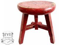 Vintage French Stool Wooden Red Worn Wood Small Tiny Milking Chair Stand Display Rest Plinth Pot Stand Seating c1960-1970's