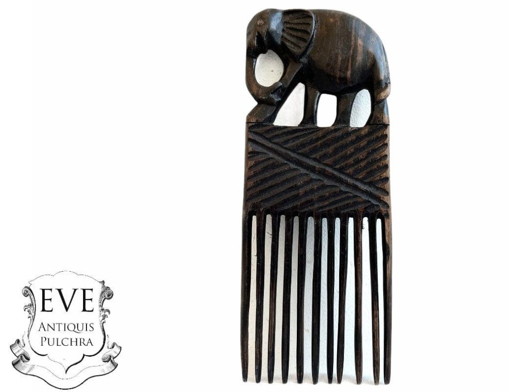 Vintage African Hair Comb Elephant Afro Pick Detailed Carved Wood Primitive Sculpture Carving Tribal Art Decor c1980-90’s