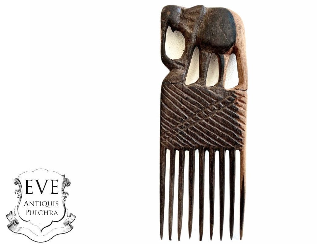 Vintage African Hair Comb Elephant Afro Pick Detailed Carved Wood Primitive Sculpture Carving Tribal Art Decor c1980-90's