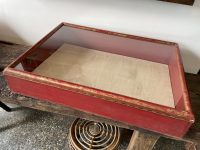 Alternative view of Vintage French Glass Fronted Display Cabinet Curio Curiosity Glass Shelved Wood Wooden Red Lined Table Standing c1970-80s