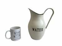 Alternative view of Vintage French Enamel Metal Beige Black Metal Watering Water Milk Jug Can Carafe Pitcher Vase Planter Rustic c1960-70's