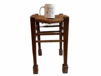 Alternative view of Vintage French Worn Wicker Stool Wooden Woven Bench Seat Footrest Foot Rest Small Table Stand Display circa 1960-70's