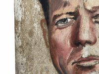 Alternative view of Vintage French John F Kennedy Acrylic Painting On Wood Board American President Portrait Signed circa 1970-80's