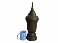Alternative view of Antique Asian Cambodian Style Large Urn Vase Pot Ornament Display Centrepiece Brass Finely Detailed Lidded c1910-20's