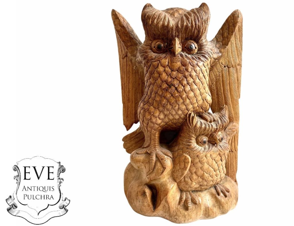 Vintage French Owl With Baby Wooden Bird Carving Ornament Figurine Sculpture Statue Display Gift Present Wood c1980-90’s