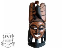 Vintage African Figurine Mask Statue Primitive Art Carving Wooden Wood Ornament Decorative Wall Display circa 1980-90'sop