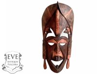 Vintage African Figurine Mask Statue Primitive Art Carving Wooden Wood Ornament Decorative Wall Display circa 1970-80'sop