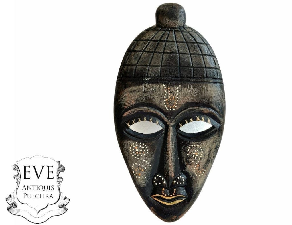 Vintage African Figurine Mask Statue Primitive Art Carving Wooden Wood Ornament Decorative Wall Display circa 1990-00’sop