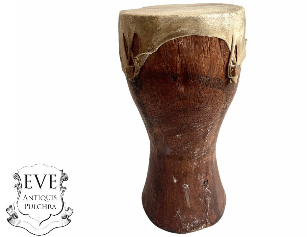 Vintage African Small Drum Leather Topped Musical Instrument Wooden Decor Carved Carving Sculpture Wood Tribal Art c1980’s