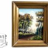 Vintage French Tiny Miniature Tree Forest Skyline Trees Woodland Field Oil Painting On Board Normandy circa 1960-70's
