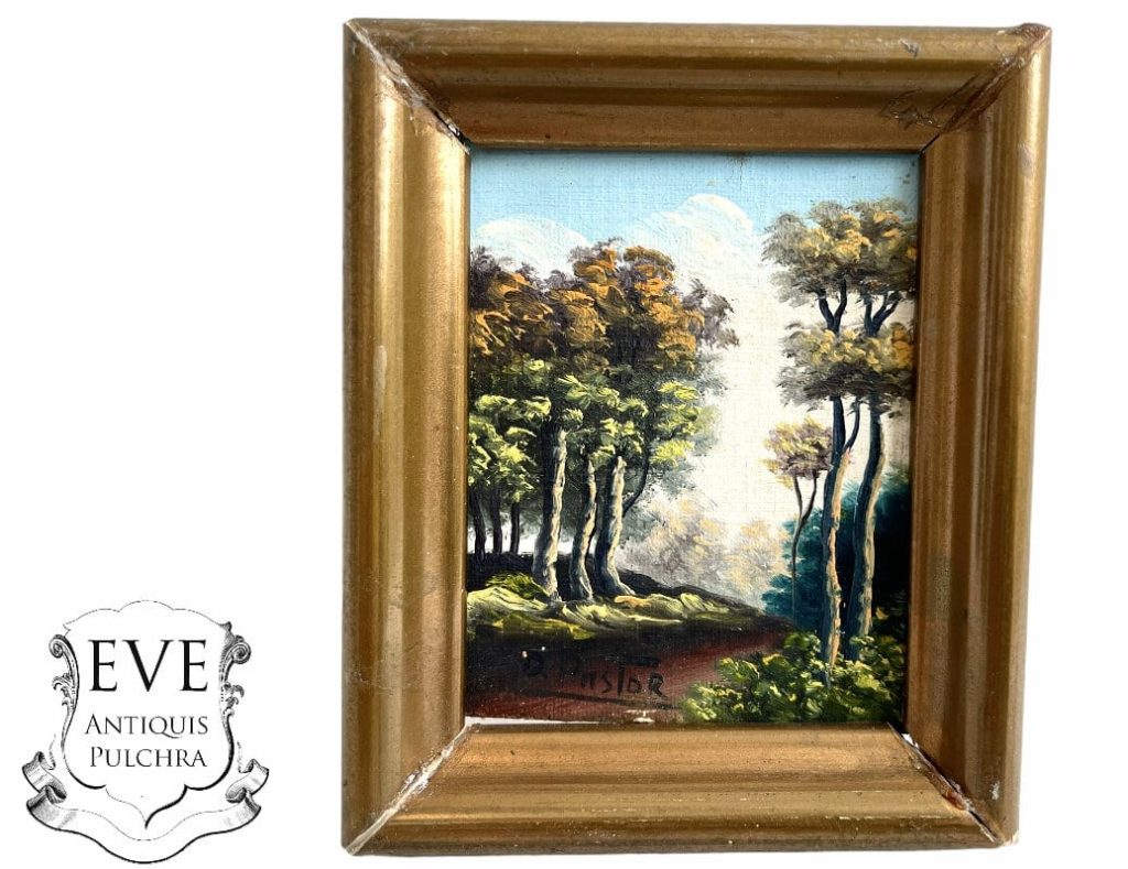 Vintage French Tiny Miniature Tree Forest Skyline Trees Woodland Field Oil Painting On Board Normandy circa 1960-70’s