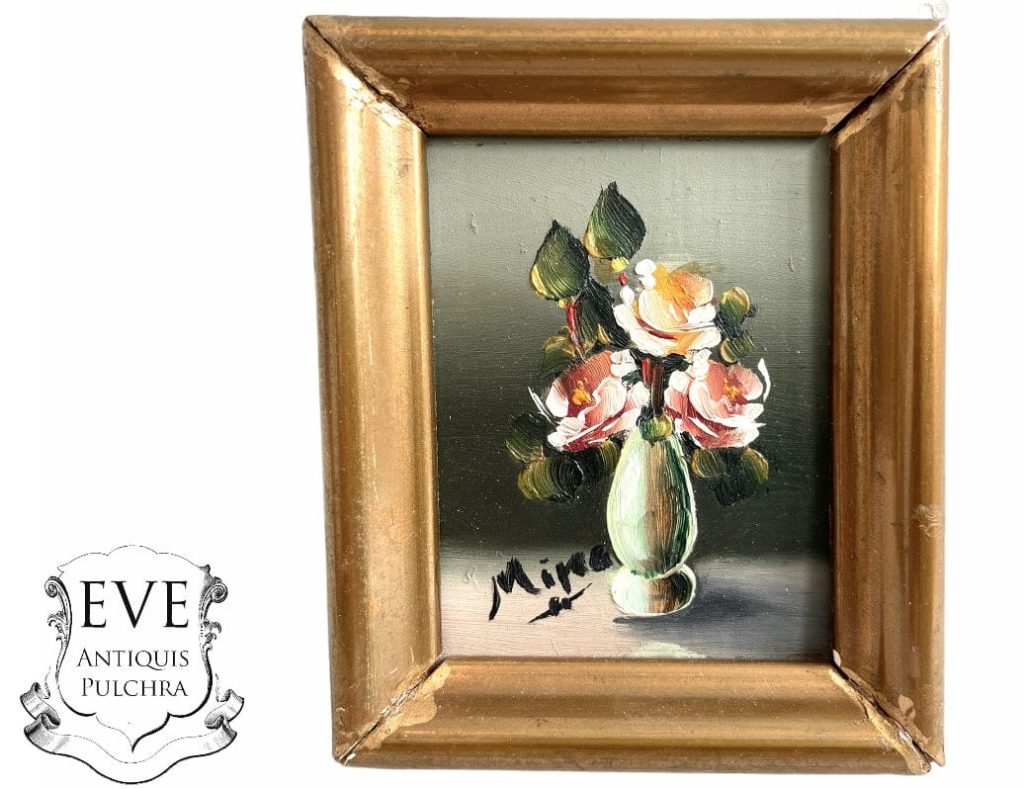 Vintage French Tiny Miniature Vase Of Flowers Still Life Acrylic Painting On Board Normandy circa 1960-70's