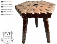 Vintage French Clover Carved Stool Wooden Brown Wood Small Milking Chair Stand Display Rest Plinth Seating Plant c1960's