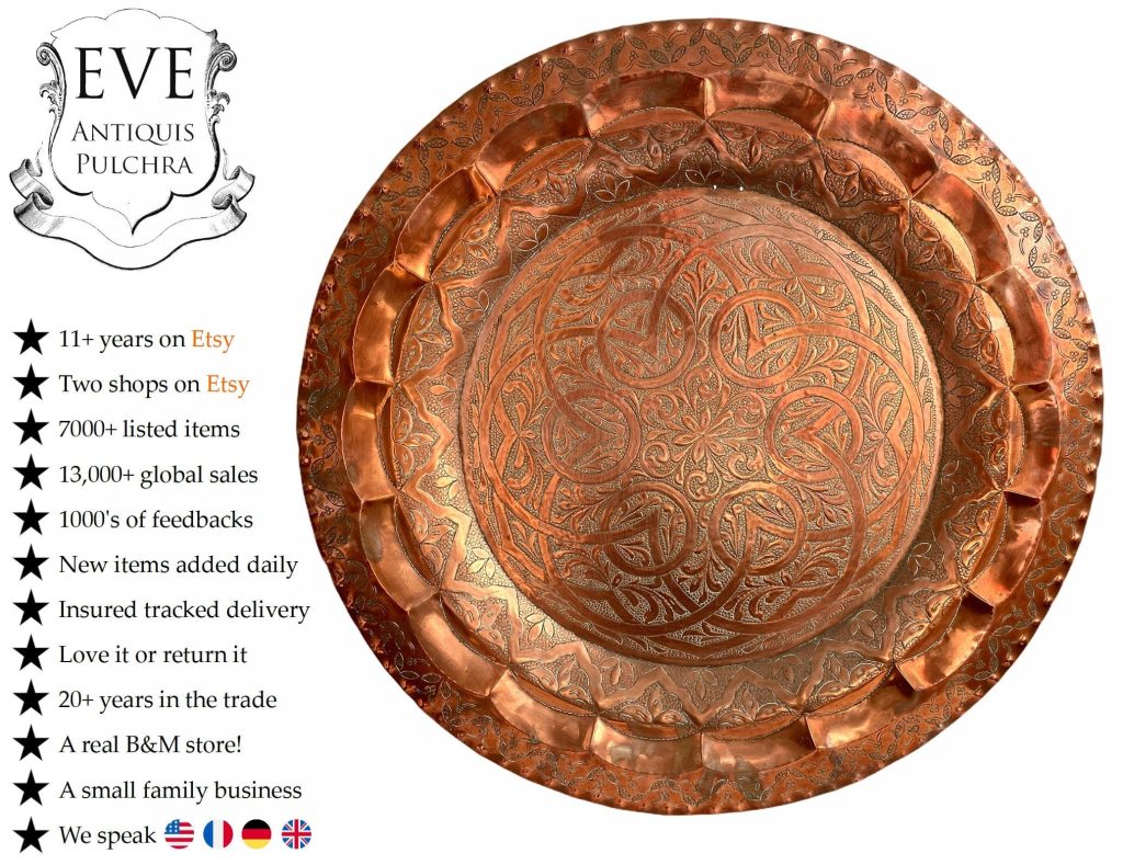 Vintage Moroccan Large Arabian Middle East Copper Metal Circular Plate Tray Dish Bowl Platter Decorative Table c1970-80’s