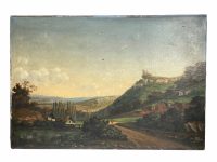 Antique French Village Skyline Ruins Houses Trees Tree Woodland Field Oil Painting On Board Normandy Signed circa 1900's