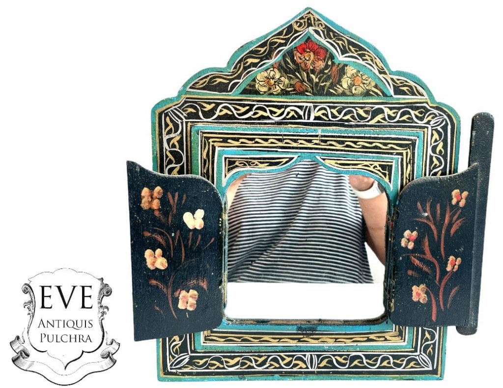 Vintage Moroccan Small Wall Hanging Mirror Wood Glass Temple Shape Dome Hand Painted Hand Made Decorative Cloakroom c1980’s