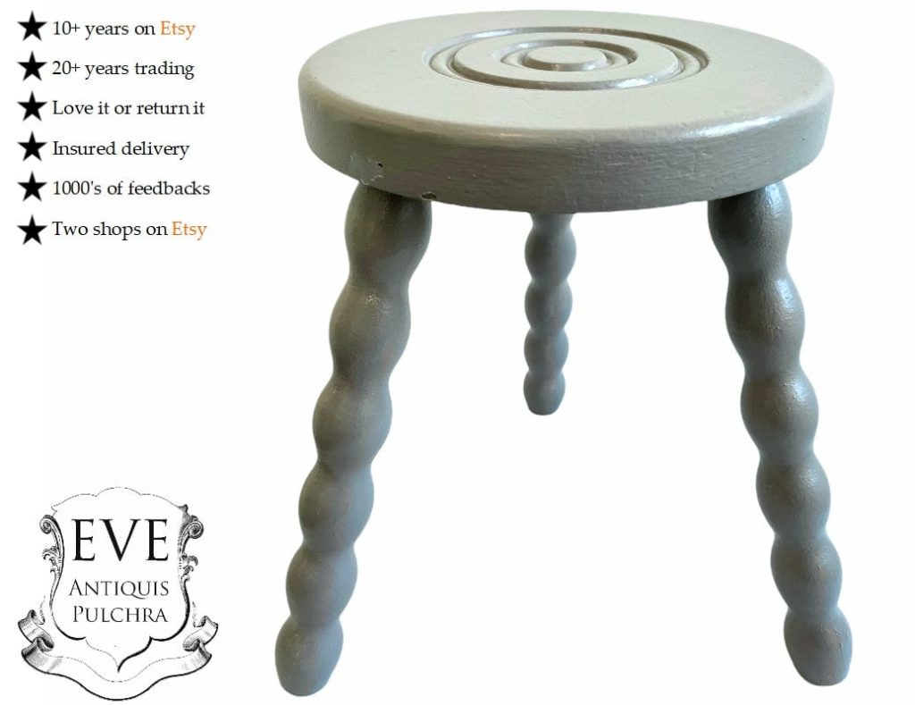 Vintage French Stool Wooden Mushroom Grey Wood Small Milking Chair Stand Display Rest Plinth Seating Barley Twist c1960’s