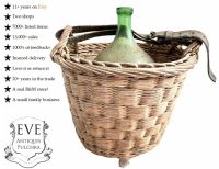 Vintage French Wine Bottle With Original Basket Mid Century Green Glass Vineyard Wide Container Flask Decanter c1950-50's