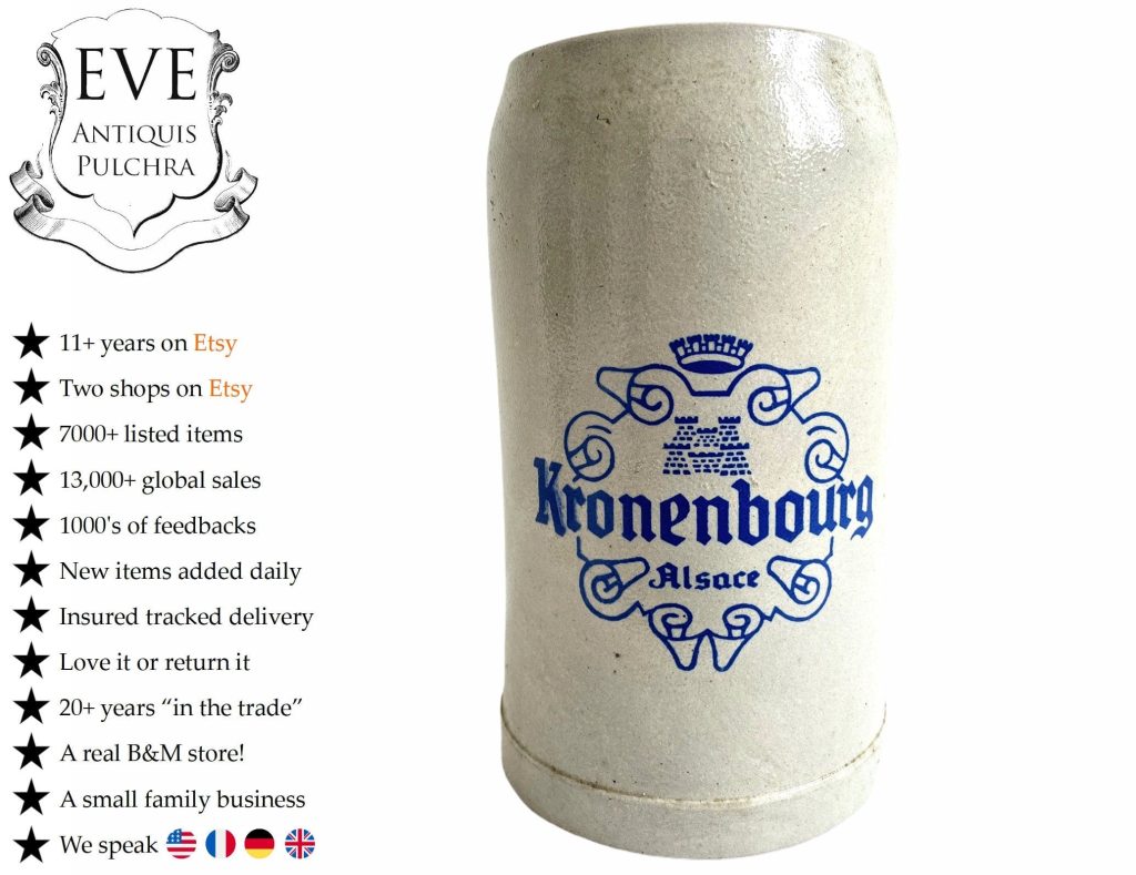 Vintage Kronenbourg Beer Lager Ale One 1 Litre Bitter Pint Glass Tankard Itonstone Drinking Jug Mug Cup circa 1990's