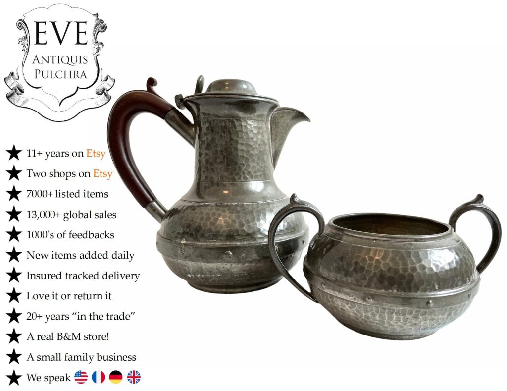Vintage English Northern Goldsmiths Pewter Decorative Decorated Engraved Silver Metal Tea Pot Teapot Sugar circa 1920-30’s