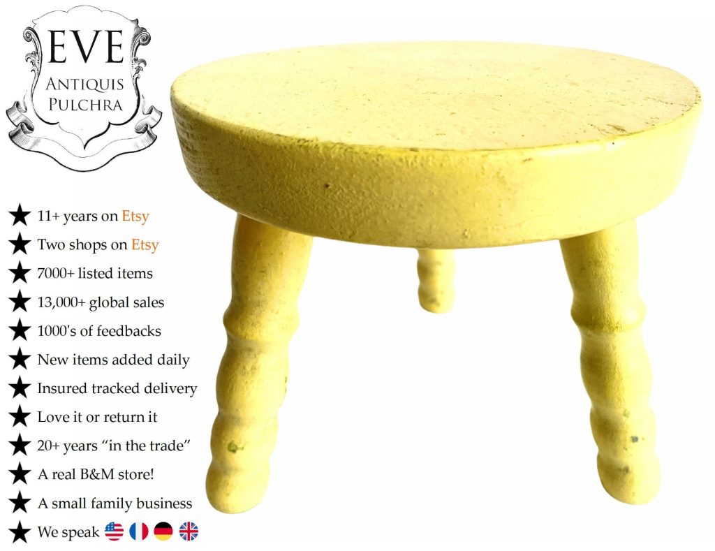 Vintage French Yellow Stool Small Tiny Wooden Wood Milking Chair Seat Table Farm Cow Goat Plant Rest Stand Plinth c1990’s