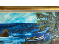 Alternative view of Vintage French Seaside Fishing Boats Skyline Trees Tree Sea Rocks Acrylic Painting On Board Signed C. Romam circa 1950-60's