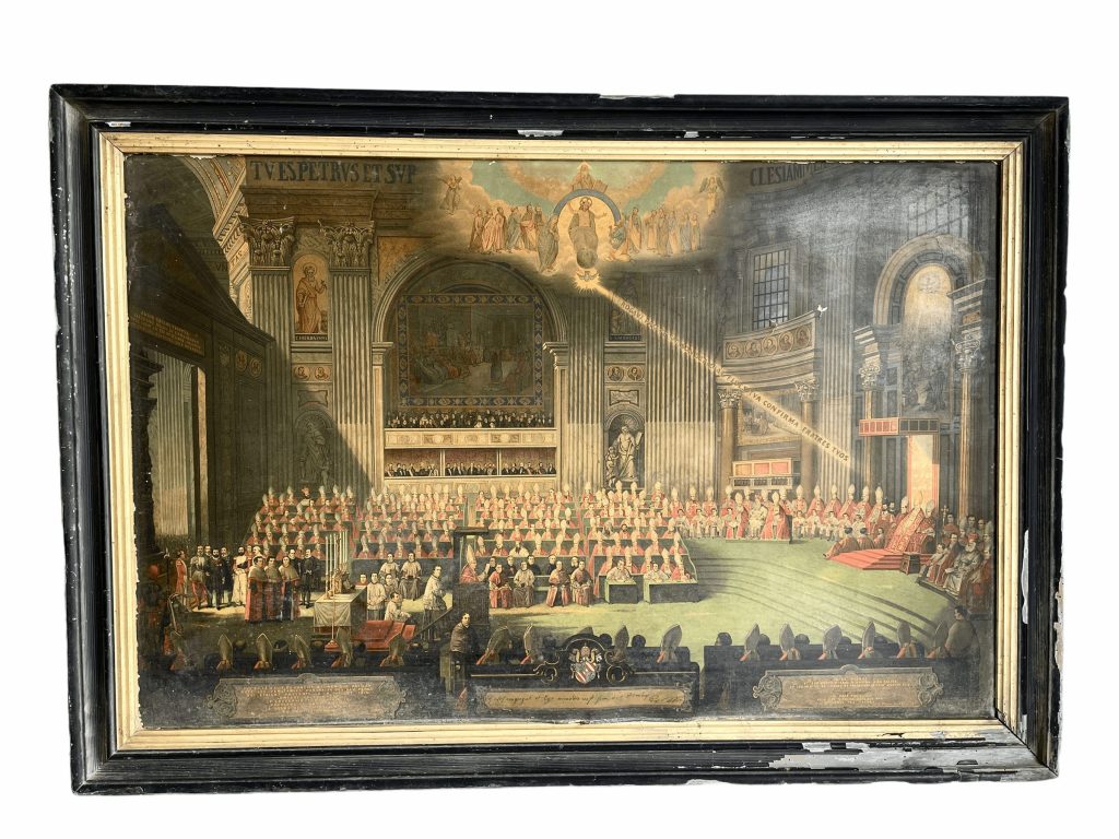 Antique French Framed Pope Meeting Religious Church Chapel Catholic Nunnery Monastery Print Wooden Frame Wall Decor c1910's