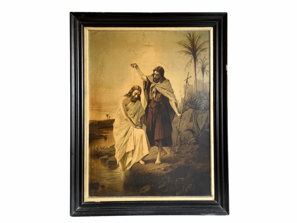 Antique French Framed John Baptism Christ Religious Church Chapel Catholic Nunnery Monastery Print Wooden Frame c1910's
