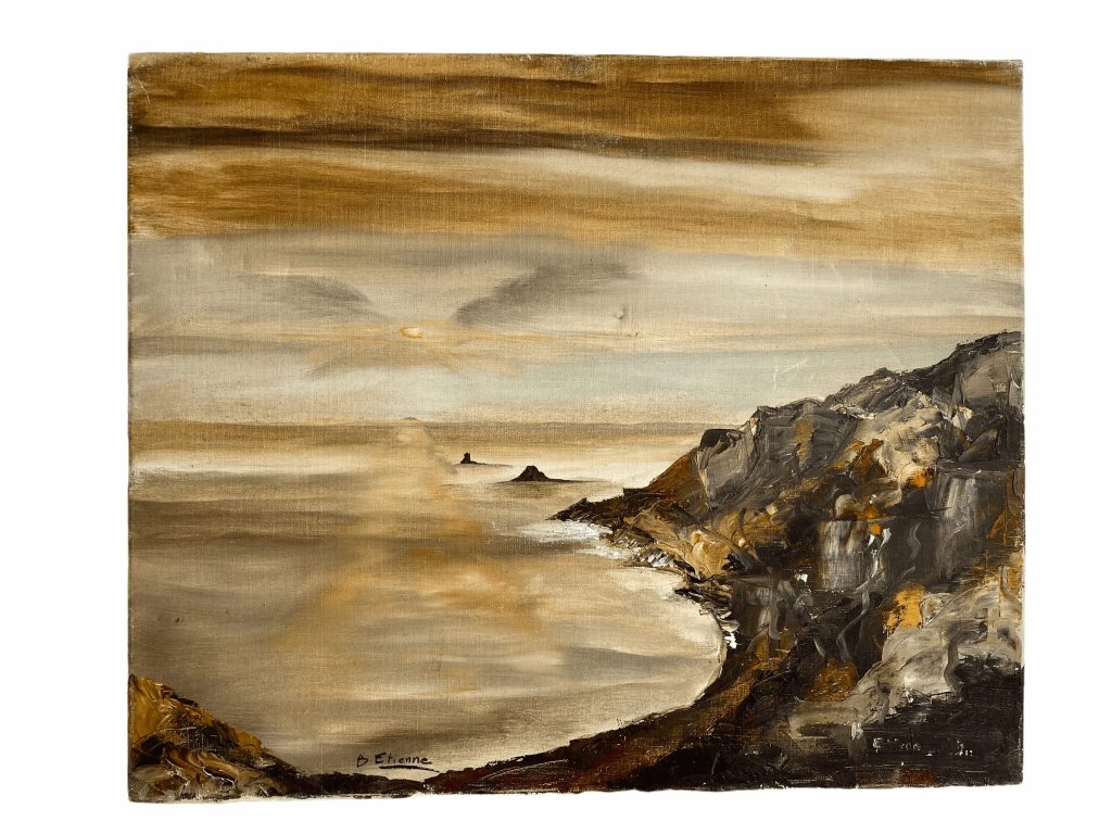 Vintage French Coastal Headland Painting Acrylic Skyline Bushes Coast Field Scenic Path On Canvas Rugged circa 1970’s
