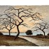 Vintage French Coastal Mont St Michel Painting Acrylic Skyline Bushes Coast Field On Hardboard Winter Tree circa 1980's