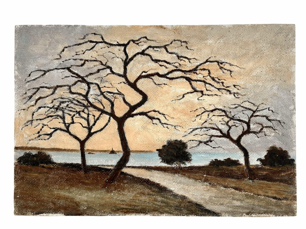 Vintage French Coastal Mont St Michel Painting Acrylic Skyline Bushes Coast Field On Hardboard Winter Tree circa 1980’s