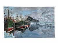 Vintage French Seaside Fishing Boats Skyline Trees Tree Sea Rocks Acrylic Painting On Board Signed J. Dinech circa 1980's