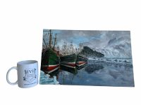 Alternative view of Vintage French Seaside Fishing Boats Skyline Trees Tree Sea Rocks Acrylic Painting On Board Signed J. Dinech circa 1980's