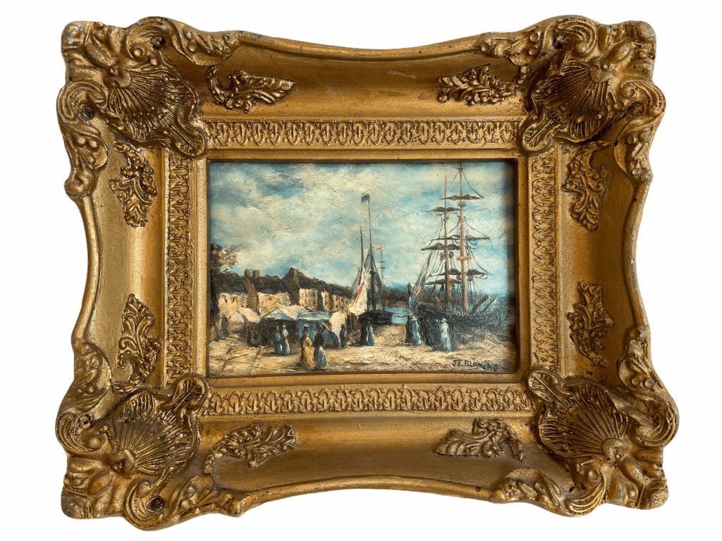 Vintage French Sailing Boats Harbour Restored Williams Gold Framed Oil Painting On Board Signed JE Blanche circa 1860’s