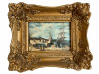Vintage French Sailing Boats Harbour Restored Williams Gold Framed Oil Painting On Board Signed JE Blanche circa 1860's