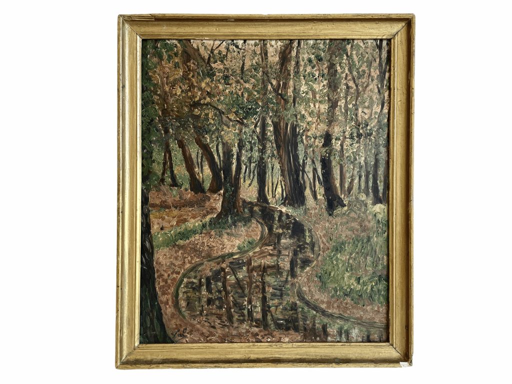 Vintage French Forest Stream Path Autumn Painting Oil Forest Trees Woodland On Hardboard Normandy S16 VAP circa 1940-50’s