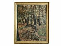 Vintage French Forest Stream Path Autumn Painting Oil Forest Trees Woodland On Hardboard Normandy S16 VAP circa 1940-50's