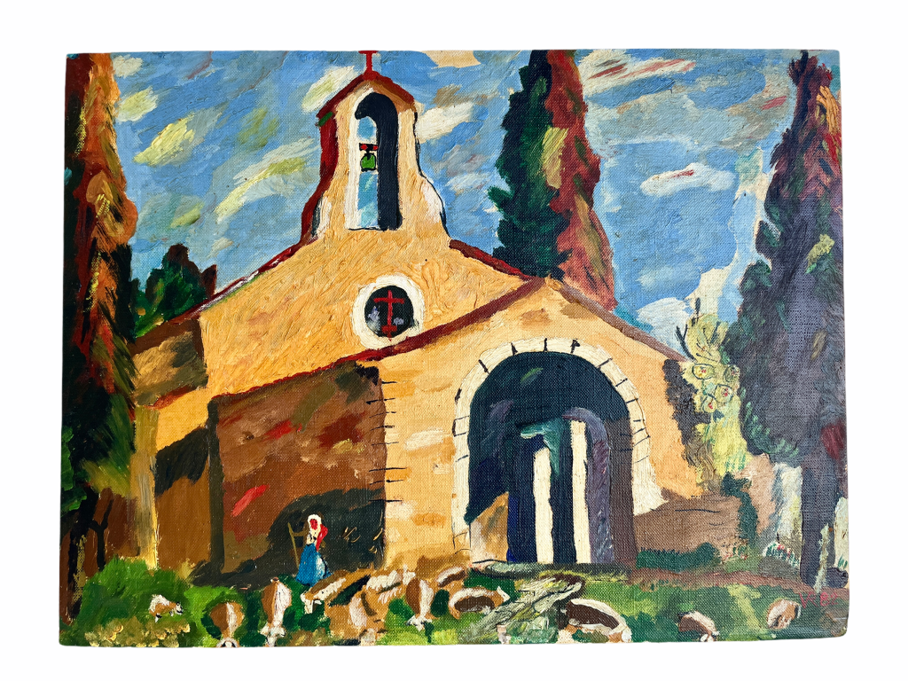Vintage French Chapelle Rurale Saint-Sixte Provence Painting Acrylic On Hardboard Chapel Church South Of France c1970-80’s